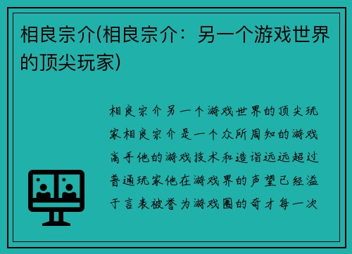 相良宗介(相良宗介:另一个游戏世界的顶尖玩家)